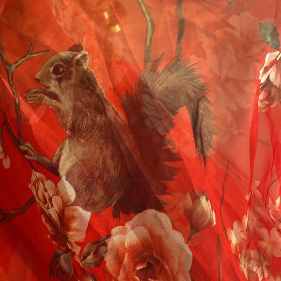 NWT Afibi Chiffon Skirt Red Forest Animal Print Owl Squirrel Rabbit Birds SZ M - Picture 9 of 16